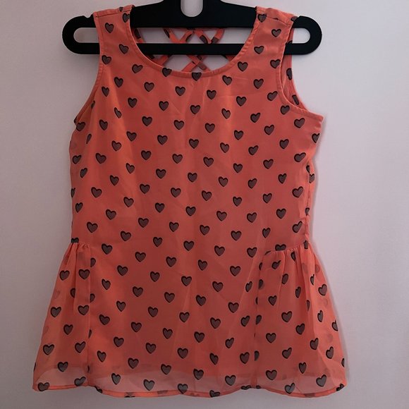 Candie's Tops - Cute Heart Patterned Pink Top with Criss cross back and ruffles